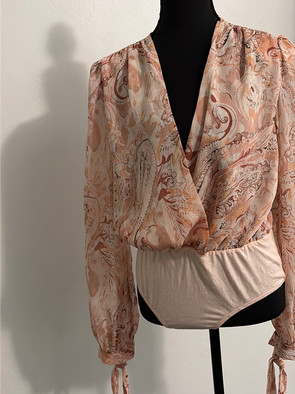 Fashion Nova Peach Paisley Wrap-Style Bodysuit
